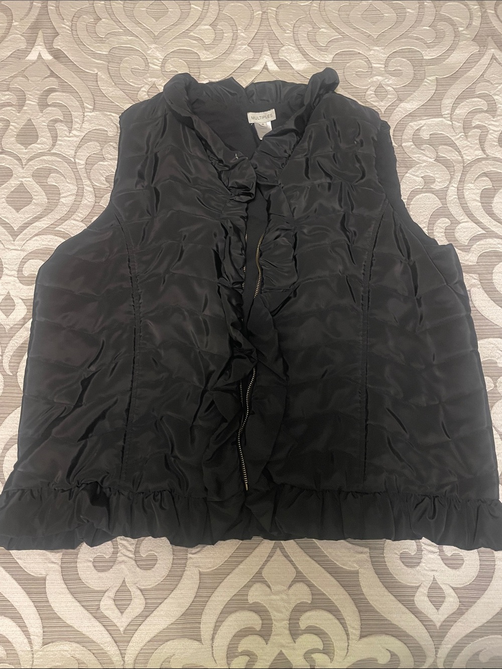Multiples Black Ruffle-Front Quilted Vest Size 1X